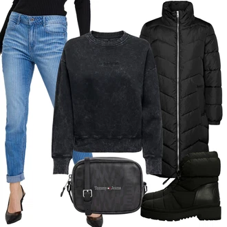 Zima Outfit s Černá Zimní kotníková bota/Zimní bota/Teniska Zimní Tenisky/Ovčí Kožešinová Bota/Vycpaná kozačka/Zimní kozačka z jehněčí kůže Guess "Stylový zimní outfity"