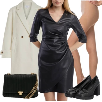 S Mokrým Vzhledem Outfit s Černá/Šedá/Tmavě šedá Vinylové Šaty/Zavinovací Šaty/Dlouhé saténové šaty/Šaty s 3/4 Rukávem/Občanské šaty/Kožené šaty orsay "Stylový zimní outfity"Look: Příliš oblečený, Elegantní, Glamourové, S Mokrým Vzhledem, S Metall