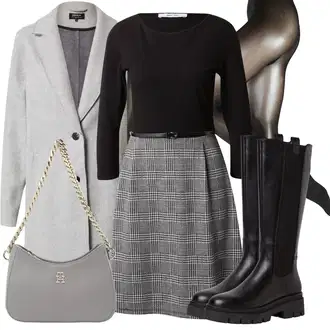 Outfit s Šedá/Černá/Hnědá/Zelená/Tmavě šedá Šaty na Podzim/Kancelářské šaty/Business Šaty/Flanelové Šaty/Tvidové šaty/Šaty s Páskem/Zimní šaty s dlouhým rukávem About You "Stylové kombinace pro volný čas"