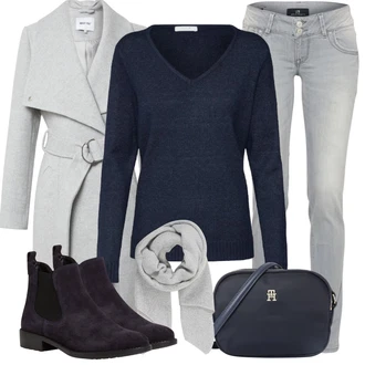Old Money Outfit s Šedá/Světle šedá Šál/Kruhový Šál About You "Outfity na zimu"Look: Klasické, Pro Dům, Old Money, Skromné, Traditional, Retro, 80tá léta
