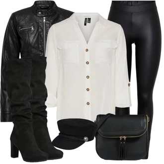 Zapínání na knoflíky Outfit s Šedá/Khaki/Bílá/Hnědá/Béžová/Světle zelená Tunikové Tričko/Halenka S 3/4 Rukávem/Blůza s nášivkou na lokti/Oversize Muselínová Blůza/Kožená bunda/Blůza s knoflíčkem Vero Moda Tall "Praktický vzhled"