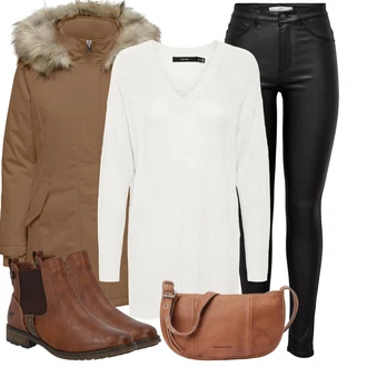 Krátká Outfit s Hnědá/Béžová Chelsea Boty/Kožená bunda/Plochá Kotníková Bota/Jezdecká Bota Mustang "Skvělý vzhled pro volný čas"