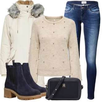 Outfit s Tmavě Modrá/Modrá Letní kotníková Kozačka/Chelsea Boty/Kotníková Bota s Podšívkou/Kožená bunda Tamaris "Zimní outfit pro volný čas"