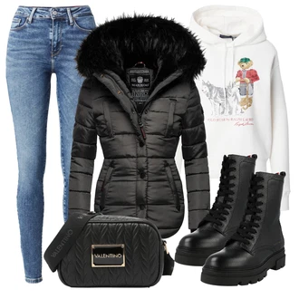 Koža Outfit sa Crna/Plava Klasična čizmica/Čizma na Vezanje/Borbena Čizma Tommy Hilfiger "Udoban zimski outfit"
