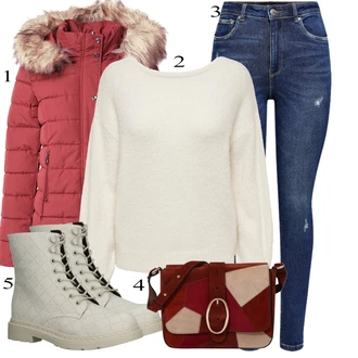 outfit mit Temno Modra/Modra Kavbojke z Razporkom/Usnjena Jakna/Usnjene Čevlje/Zimska jakna/Kavbojke na Poteg/Push up Kavbojke/Kavbojke Visokega Pasu/Kavbojke z Luknjo/Usnjene jakne/Ženske 7/8 Kavbojke/Gležnarji Only "Zimski outfit"