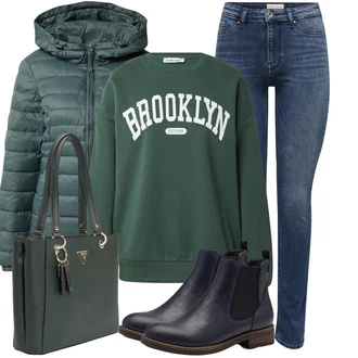 Outfit sa Tamnozelena/Zeleno Džemper Za Žene/Sportska majica/Majica od flisa/Kožna jakna studio select "Udoban zimski outfit"