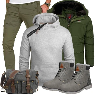 Outfit mit Grau/Hellgrau/Dunkelgrün/Dunkelgrau/Khaki Wasserfester Schuh/Wattierte Stiefel/Winter Stiefel/Herren Lederschuhe/Gefütterte Stiefelette/Klassischer Stiefel/Wasserdichter Stiefel/Winter Sneaker/Winter Stiefelette Mishansha "Winter Outfit"