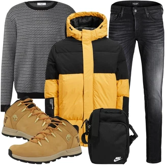 Lyocell Outfit mit Grau/Schwarz/Dunkelgrau Lederjacke/Slim Fit Jeans/Leder Schuhe/Low Rise Jean/Winterjacke/Herren Lederjacke/Jeans mit Schlitz/Thermojeans/Knöchelstiefel/Biker Jeans/Low Waist Jean Jack & Jones "Winter Outfit"
