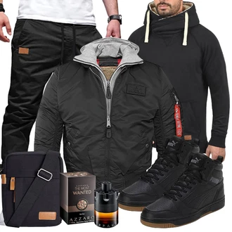 Groß Outfit mit Schwarz/Dunkelgrau Sport Sweatshirt/Unisex Hoodie/Hoodie/Ausgefallener Hoodie/Strick Hoodie/Pullover mit Reißverschluss/2-in-1 Pullover/KapuzenPullover Blend "Winter Outfit"