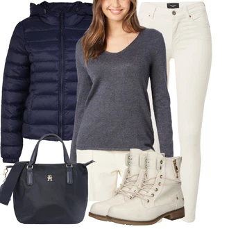 Outfit s Béžová/Bílá/Krémová/Khaki Kožené Boty/Zkrácené Džíny/Zimní bunda/Capri Džíny/Slim Fit Džíny/Kožená bunda/Dámské Džíny s Délkou 7/8/Kotníková Bota/High Waist Džínové Kalhoty/Push up Džín/Džíny s Rozparkem VERO MODA "Zimní outfit pro volný čas"