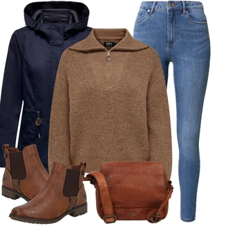 Outfit s Hnědá/Béžová Chelsea Boty/Kožená bunda/Plochá Kotníková Bota/Jezdecká Bota Mustang "Módní zimní outfit"