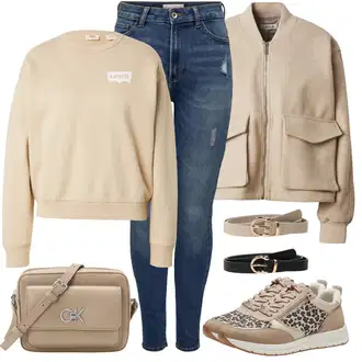 Outfit sa Smeđa/Kaki/Bež Kožna jakna/Majica od flisa/Sportska majica/Dukserica s kapuljačom levi's ® "Zimski outfit"