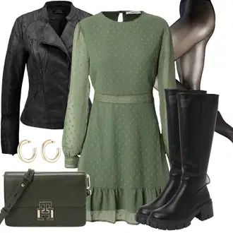 Outfit s Tmavě zelená/Zelená Šaty na Podzim/Francouzské šaty/Retro Šaty/Pouzdrové Šaty S Dlouhým Rukávem/Šaty s puntíky/Šaty S Kosticí/Vintage šaty/Šaty Niki/Halenkové Šaty/Zimní šaty s dlouhým rukávem About You "Pohodlné zimní outfity"