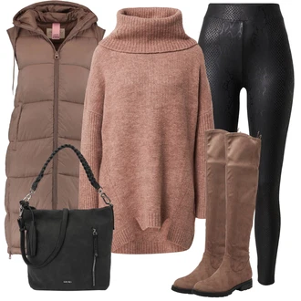 Cowgirl Outfit sa Bež/Smeđa/Siva/Tamnosmeđa Čizmica Čizma za Jahanje/Široke čizme/Duga Čizma/Ravna čizma preko koljena/Čizma Iznad Koljena/Čizma do Koljena About You "Zimski outfit za slobodno vrijeme"Look: Stil, Cowgirl, Prevelik, Safari, Western, Šik, cool, Elegantan