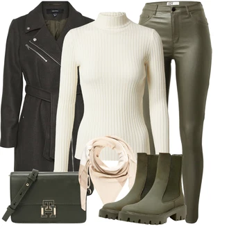 Kůže Outfit s Tmavě zelená/Khaki Kožená bunda/Motorkářské Džíny/High Waist Džínové Kalhoty/Džíny s Rozparkem/Termální Džíny JdY "Pohodlné zimní outfity"