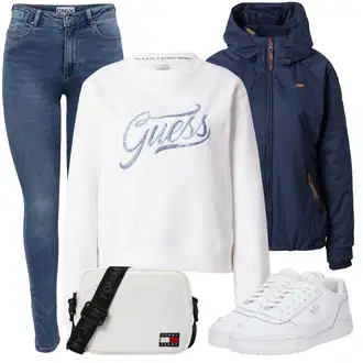 Outfit sa Srebro/Krem/Bijela Kožna jakna/Otmjena majica s kapuljačom/Dukserica s kapuljačom/Sportska majica/Majica od flisa Guess "Zimski outfit"
