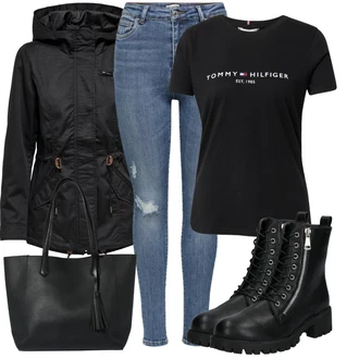 Outfit s Černá/Šedá Mokasín/Mokasín/Lodička s Přezkou/Teniska s dírkovaným vzorem/Chunky Tenisky/Barefoot bota/Tenisky s Bočním Zipem About You "Zimní outfit pro volný čas"
