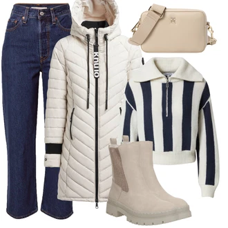 Outfit s Béžová/Khaki/Hnědá Kozačka Chelsea Boty/Kožená bunda/Kotníková Bota s Podšívkou/Gumová Kotníková Bota/Plochá Kotníková Bota Tom Tailor "Zimní look"