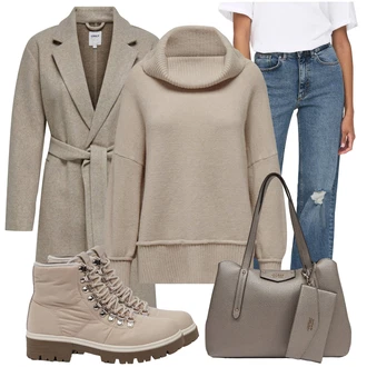 Outfity na zimu Dlouhé s Šedá/Hnědá/Béžová Taška Přes Rameno/Kancelářská Taška/Shopper taška/Obchodní Taška/Taška/Sportovní Taška Přes Rameno Guess "Zimní look"