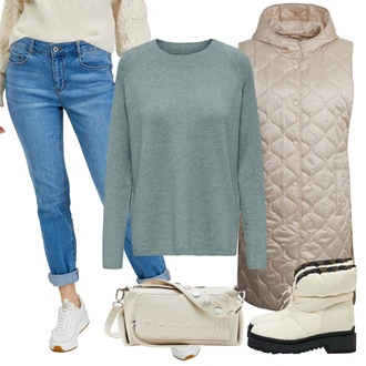 Outfit s Bílá/Béžová/Khaki Kozačka Boty do Sněhu/Zimní bota/Zimní Kozačka z jehněčí kůže/Vycpaná Kozačka/Zimní tenisky/Zimní kotníková bota Guess "Zimní look"