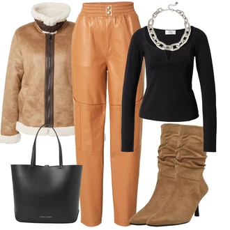 Outfit s Hnědá/Béžová/Oranžová Kožená Kalhoty/Kalhoty z Umělé Kůže/Mrkvová Kalhoty/Kožený legíny katy perry exclusive for about you "Zimní look"