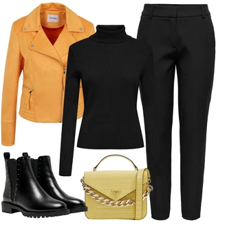 Lak Outfit s ?erná Koza?ka Ko?ená bunda/Chelsea Boty/Plochá Kotníková Bota/Ko?ená kotníková bota Only "Zimní look"Look: Gotický, S Mokrým Vzhledem, ?ik, Lak, Premium, Glamourové, Nadrozm?rné, Metal, Trendový, Elegantní