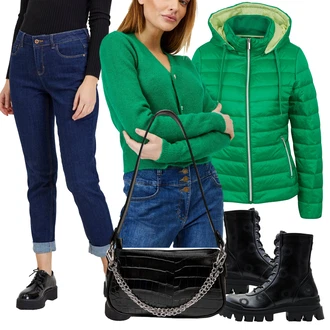 Motorkář Outfit s Černá Kozačka Vintage Kotníková Bota/Motorkářská bota/Klasická Kozačka/Ovčí Kožešinová Bota/Šněrovací Kotníková Bota/Šněrovací Kozačka na Platformě/Bojová Bota Desigual "Zimní look"