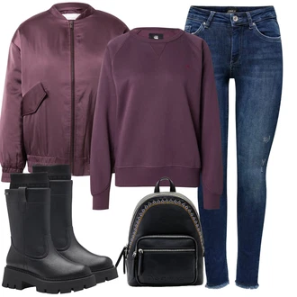 Streetwear Outfit s Růžová/Fialová/Tmavě červená Fleecová Mikina/Kožená bunda/Sportovní Mikina G-Star Raw "Zimní look"Look: Streetwear