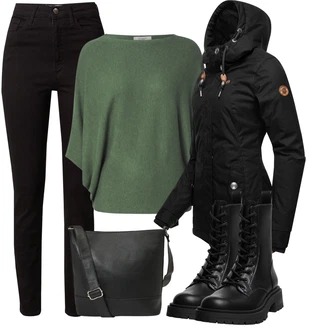 Outfit s Černá Šněrovací Kotníková Bota/Klasická kozačka/Šněrovací Kozačka na Platformě/Bojová Bota Pull&Bear "Zimní look"