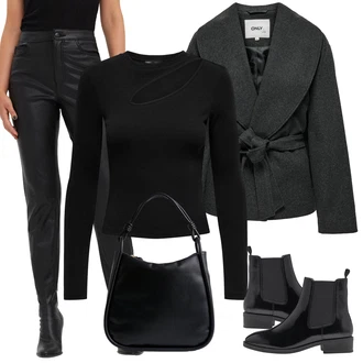 Klasické Outfit s Černá Kožená bunda/Plochá Kotníková Bota/Chelsea Boty Tamaris "Zimni look"Look: Techno, Lesk, Lev, Šik, Elegantní, Glamourové, S Mokrým Vzhledem, Nadrozměrné, Klasické, Unisex, Trendový