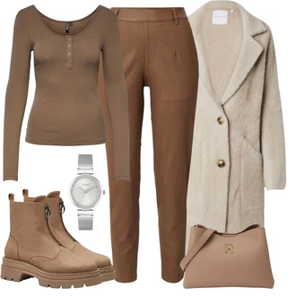 Outfit s Hnědá/Khaki/Béžová Skinny Kalhoty/Tregíny/Legíny Kožený Vzhled/Kalhoty z Umělé Kůže/Úzká Kalhoty/Kalhoty se Štěrbinou/Kalhoty s nášivkou uprostřed/Kožený legíny/Kožená Kalhoty Object "Zimní look"
