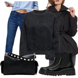 Lak Outfit s ?erná Koza?ka Chelsea Boty/Ko?ená bunda/Plochá Kotníková Bota/Gumová Kotníková Bota Only "Zimní look"Look: Lak, ?ik, Estetika, S Mokrým Vzhledem, Elegantní, Trendový, Unisex, Metal, Glamourové