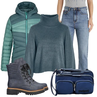 Outfit s Béžová/Světle modrá/Modrá Mom Jean/Girlfriend Džíny/Formální Košile/Zkrácené Džíny/Džíny Regular Fit/Dad Džíny/Zužující se Džíny Desigual "Zimní look"