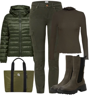 Outfit s Khaki/Tmav? zelená Cargo Kalhoty/Man?estrový legíny/Man?estrové Kalhoty/Jeggings/Skinny Kalhoty/Tregíny/Zimní Kalhoty Only "Zimní look"