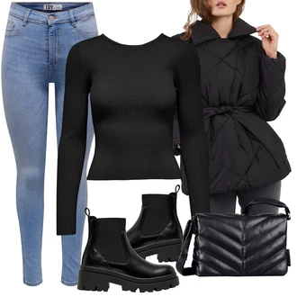 Lak Outfit s ?erná Koza?ka Chelsea Boty/Ko?ená bunda/Plochá Kotníková Bota/Gumová Kotníková Bota Only "Zimní look"Look: Lak, ?ik, Estetika, S Mokrým Vzhledem, Elegantní, Trendový, Unisex, Metal, Glamourové