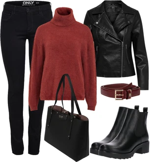 Nadrozměrné Krátká Outfit s Černá Chelsea Boty/Kožená bunda/Gumová Kotníková Bota/Plochá Kotníková Bota About You "Zimní look"Look: Šik, Elegantní, Cool, Nadrozměrné, Techno, Unisex, S Mokrým Vzhledem