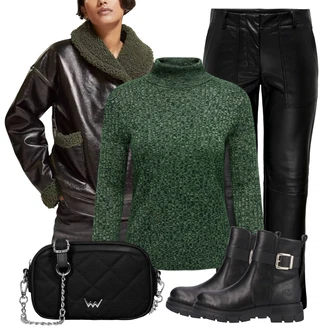 Motorkář Outfit s Černá Kožená kotníková bota/Chelsea Boty/Kožená bunda/Plochá Kotníková Bota/Gumová Kotníková Bota/Motorkářská Bota/Kotníková Bota s Podšívkou/Motorkářská bota Rieker "Zimní look"