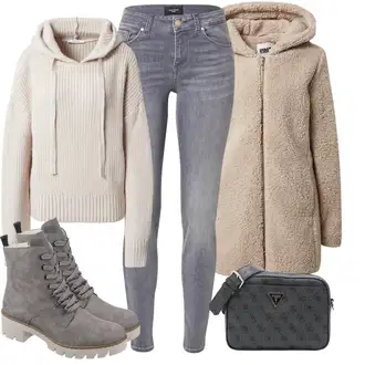 Outfit s Šedá/Hnědá/Béžová/Khaki/Fialová Fleecový Kabát/Kožich Kabát/Kabát Bouclé/Kabát s Kapucí/Vlněný Fleecový Kabát/Teddy Kabát/Pletený Fleecový Kabát About You "Zimní look"