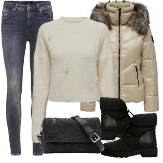 Zima Outfit s Černá Zimní kotníková bota/Zimní bota/Teniska Zimní Tenisky/Ovčí Kožešinová Bota/Vycpaná kozačka/Zimní kozačka z jehněčí kůže Guess "Zimní outfit pro volný čas"