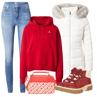 Outfit s Červená/Růžová/Tmavě červená Svetr s kapucí/Dámský Svetr/Fleecový Svetr/Jednoduchý Svetr/Svetr S Kapucí/Sportovní Mikina/Originální Mikina/Vintage Mikina/Sportovní Mikina/Pletená Mikina s kapucí/Oversize Mikina Jordan "Zimní outfity"