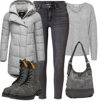 Teplé Outfit s Šedá Zimní Kabát/Lehký Kabát/Péřový Kabát/Dlouhý Péřový Kabát/Kabát s Kapucí/Prošívaný kabát Ragwear "Zimní outfity"