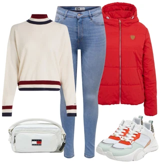 Outfit s Světle modrá/Modrá Kožená bunda/Push up Džín/Kožené Boty/Zimní bunda/Džíny s Rozparkem/Slim Fit Džíny/High Waist Džínové Kalhoty/Kožená Pánská Bund JdY "Zimní outfity"