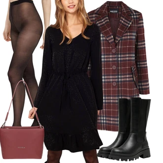 Outfit s Černá/Tmavě hnědá/Červená Vlněný punčocháč/Síťovaný punčocháč/Nylonová punčocha/Podpůrný punčocháč/Punčocháče Velká Velikost/Punčocháče Pieces "Zimní outfity"