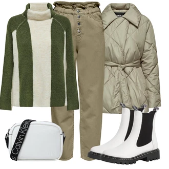 Outfit s Krémová/Bílá Chelsea Boty/Kožená bunda/Gumová Kotníková Bota Tamaris "Zimní outfity"