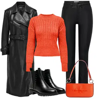 Rockový Koncert Outfit s Oranžová/Červená Taška Přes Rameno/Dopisová peněženka/Malá Taška Calvin Klein Jeans "Zimní outfity"Look: Klasické, Glamourové, Atraktivní, Retro, Rockový, Elegantní, 70tá léta, Estetika, Blokování barev, Bar, Koncert, Galavečer, Biřmování