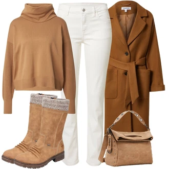 Outfit s Krémová/Khaki/Bílá Rovná Džína/Slim Fit Džíny/Zimní bunda/Džíny Regular Fit/Džíny s Nízkým Sedem/Kožená bunda/Kožené Boty/Kotníková Bota/Zkrácené Džíny/Džíny s Rozparkem/Capri Džíny/Dámské Džíny s Délkou 7/8 ESPRIT "Zimní outfity"