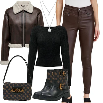 Pravá Kůže Outfit s Černá/Hnědá Kožená kotníková bota/Motorkářská bota/Kotníková Bota s Podšívkou/Plochá Kotníková Bota/Kožená bunda/Gumová Kotníková Bota/Klasická kozačka Guess "Zimní outfity"