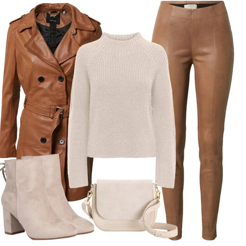 Kombinace Khaki/Béžová/Hnědá Kožená Kalhoty/Kalhoty z Umělé Kůže/Kožený legíny/Legíny Kožený Vzhled Cream