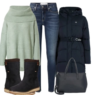 Outfit s Světle modrá/Světle zelená/Zelená Vodopádový Svetr/Kašmírový Svetr/Mohair Pullover/Svetr bez Ramínek/Oversize Svetr/Zimní Svetr/Svetr s přehozem About You "Zimní outfity"