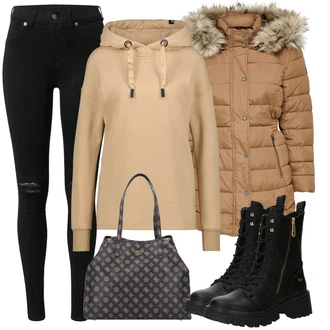 Outfit s Béžová/Khaki Svetr S Kapucí Mikina s polovičním zipem/Fleecová Mikina/Pletená mikina s kapucí/Mikina Alife and Kickin "Zimní outfity"